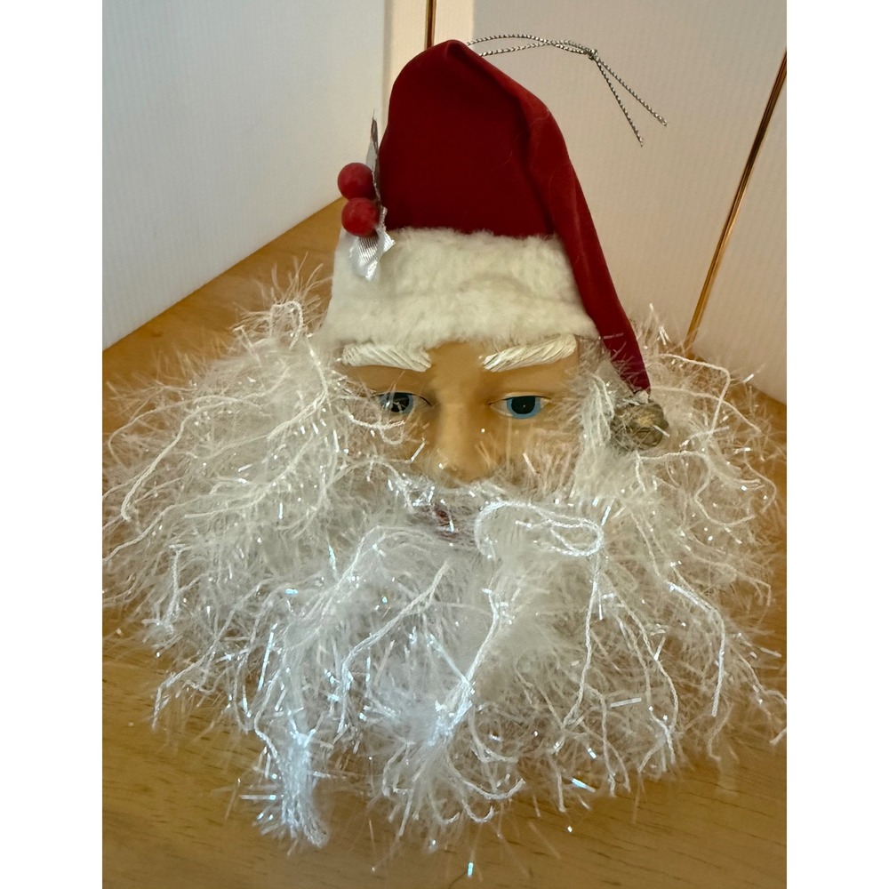 Santa Head Christmas Holiday Ornament Red White Shimmer Tinsel Beard Vintage